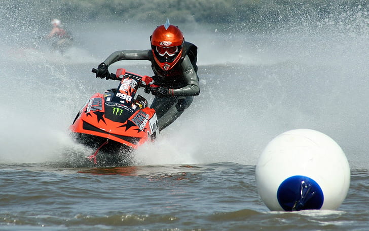 moto d'eau, extrême, bouée, mer, costume, casque, Fond d'écran HD