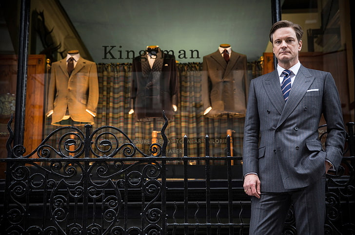 men's blue pinstriped suit, Colin Firth, Kingsman, HD wallpaper