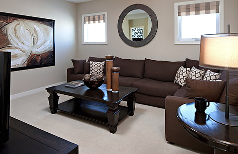 sofa narożna brązowa zamszowa, salon, aranżacja wnętrz, wewnątrz, Tapety HD HD wallpaper