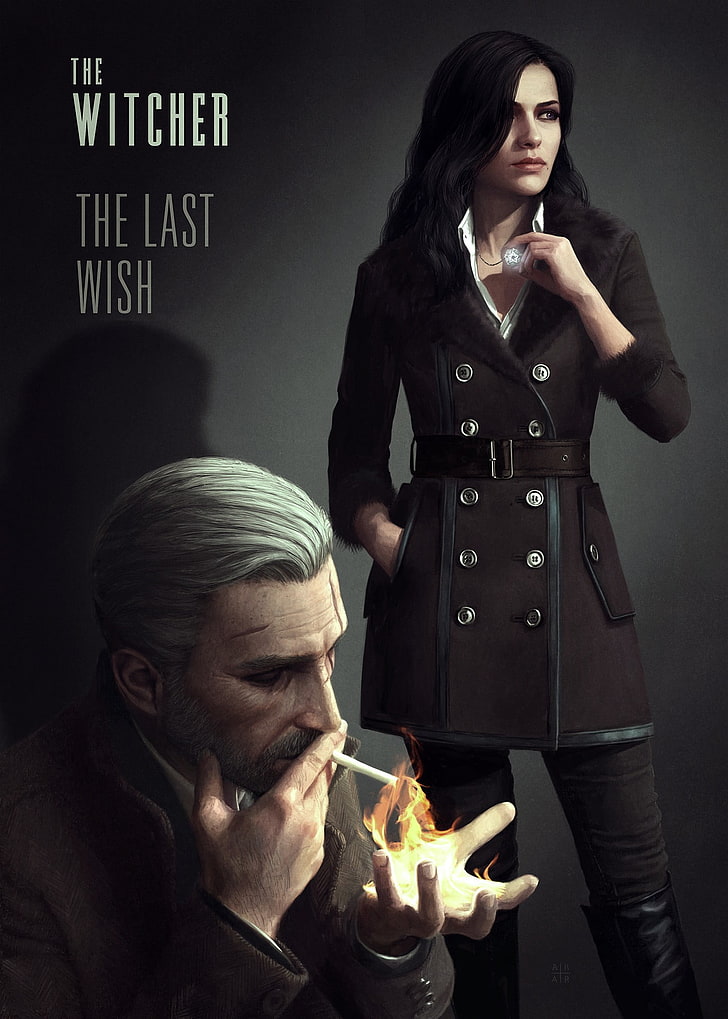 شعار The Witcher The Last Wish ، The Witcher ، The Witcher 3: Wild Hunt ، عمل فني ، فن رقمي ، Geralt of Rivia ، Yennefer of Vengerberg ، ملصق ، نوير ، معطف واق، خلفية HD، خلفية الهاتف
