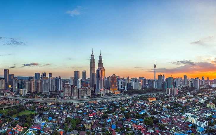 aerial photo of cityscape, cityscape, building, sunset, Malaysia, Petronas Towers, Kuala Lumpur, HD wallpaper