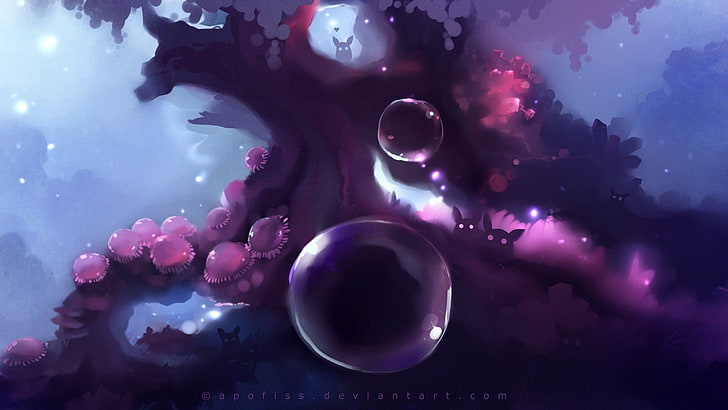 tree illustration, artwork, bubbles, trees, creature, fantasy art, Apofiss, HD wallpaper