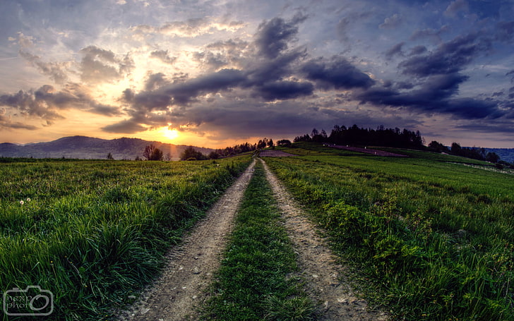 เส้นทางฟิลด์สีเขียวหญ้าท้องฟ้าเมฆดวงอาทิตย์แสงแดดพระอาทิตย์ตกธรรมชาติภูมิทัศน์โปแลนด์, วอลล์เปเปอร์ HD