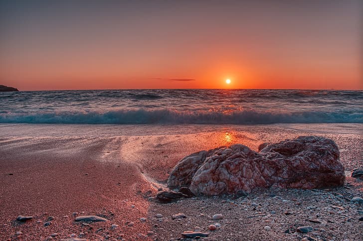 sea, sunset, stone, Italy, The Mediterranean sea, Mediterranean Sea, Sardinia, Rena Majore, HD wallpaper