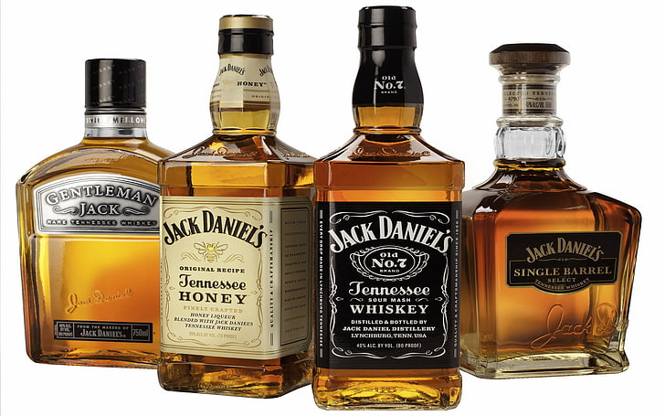 четири бутилки за уиски Jack Daniel's, Jack Daniel's, напитка, алкохол, уиски, бутилки, HD тапет