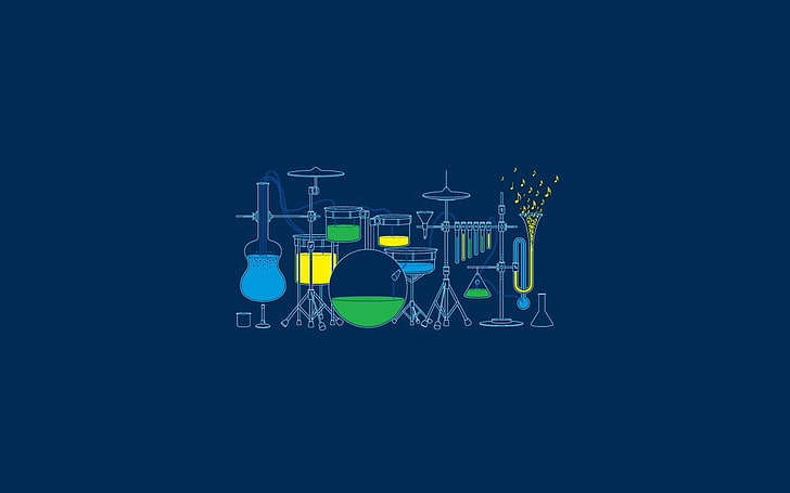 illustration d'instruments de musique, science, musique, guitare, minimalisme, fond bleu, artwork, Fond d'écran HD