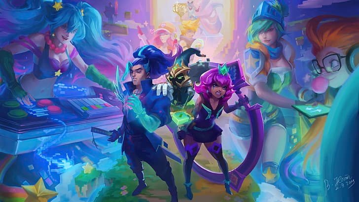 video game characters, League of Legends, Qiyana (League of Legends), Yasuo (League of Legends), Veigar, Riven (League of Legends), Sona (League of Legends), arcade, HD wallpaper