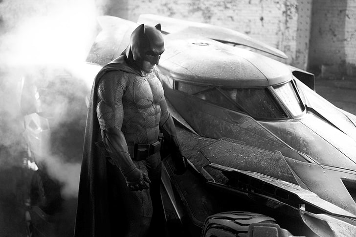 Бэтмен, Бэтмен, Бэтмен против Супермена: Рассвет правосудия, Бэтмобиль, фильмы, Бен Аффлек, монохромный, HD обои