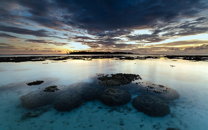 Coral Maldivian Sunset, blue, coastal, islands, long‑exposure, maldives, nature, ocean, photography, seascape, sunset, tropical, turquoise, water, HD wallpaper