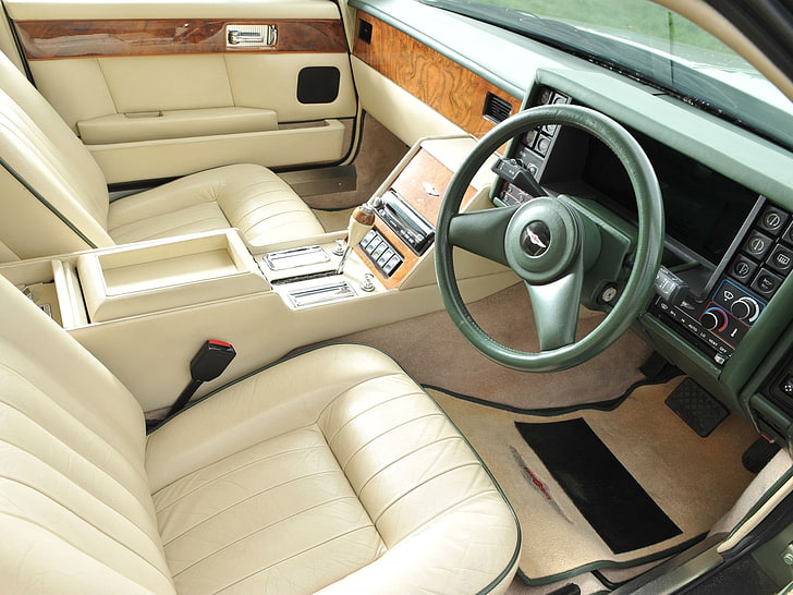 beige and black Aston Martin car interior, aston martin, lagonda, 1987, white, salon, interior, steering wheel, HD wallpaper