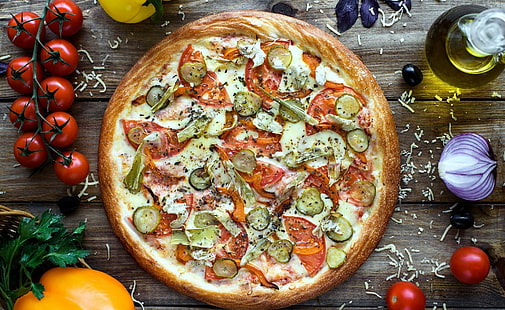 еда, пицца, помидоры, овощи, лук, HD обои HD wallpaper