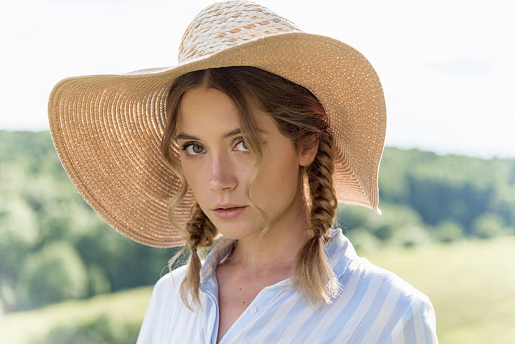 girl, green eyes, long hair, hat, photo, photographer, model, lips, face, blonde, shirt, braids, portrait, mouth, close up, looking at camera, depth of field, straw hat, looking at viewer, Xenia Kokoreva, Ksenia Kokoreva, Yuri G See Also:, Ksenya Kokoreva, HD wallpaper
