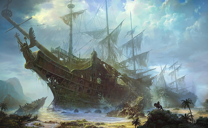 иллюстрация корабля-призрака, корабли, старый, обломки, пляж, море, небо, облака, HD обои