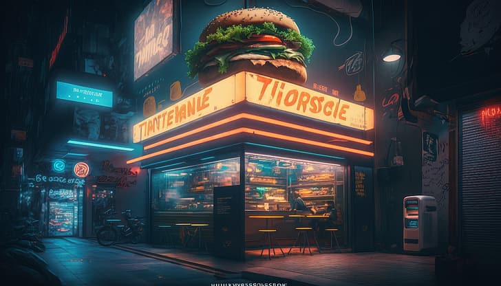 AI art, illustration, burgers, Tokyo, Japan, street, neon, food, HD wallpaper