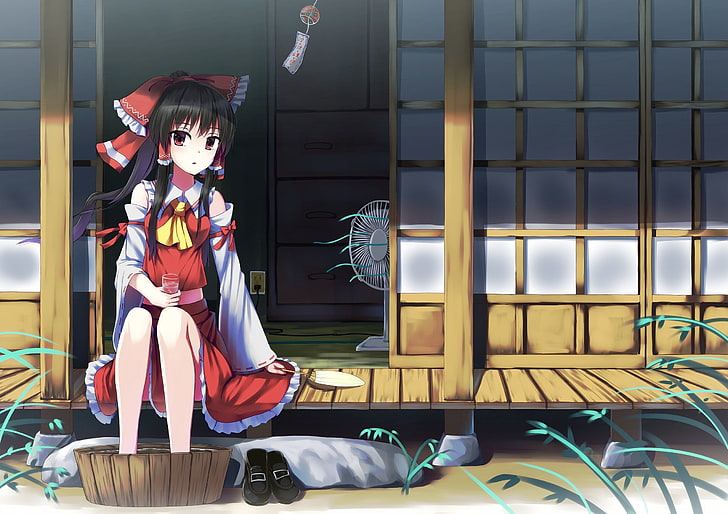 Touhou, Hakurei Reimu, Beine, Miko, rote Bänder, Anime Girls, Anime, HD-Hintergrundbild