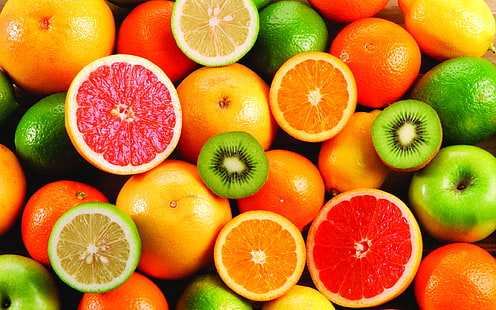 ломтик цитрусовых, лимон, апельсин, киви, фрукты, HD обои HD wallpaper