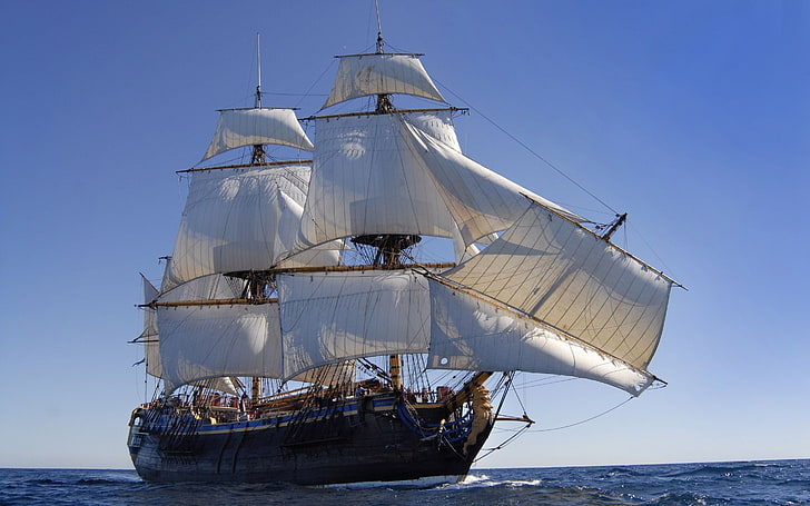 white and brown galleon ship, sea, the ocean, ship, sailboat, HD wallpaper