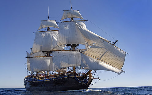 白と茶色のガレオン船、海、海、船、ヨット、 HDデスクトップの壁紙 HD wallpaper