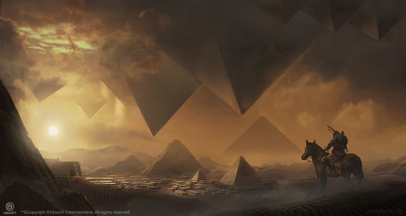 скриншот игрового приложения, цифровое искусство, иллюстрации, видеоигры, лошадь, пустыня, пирамиды Гизы, солнце, байек, Ubisoft, Assassin's Creed, Assassin's Creed: Origins, HD обои HD wallpaper