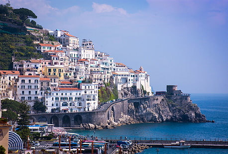 amalfi, amalfi coast, campania, cliff, coast, homes, italy, mediterranean, picturesque, rock, HD wallpaper HD wallpaper