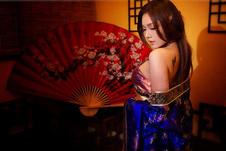 Gaun kimono bunga biru, merah muda, dan hitam wanita, Asia, Wallpaper HD