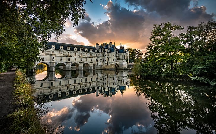 trees, sunset, reflection, river, castle, France, Castle of Chenonceau, The Castle Of Chenonceau, The Loire Valley, Loire Valley, Река Шер, Cher River, HD wallpaper