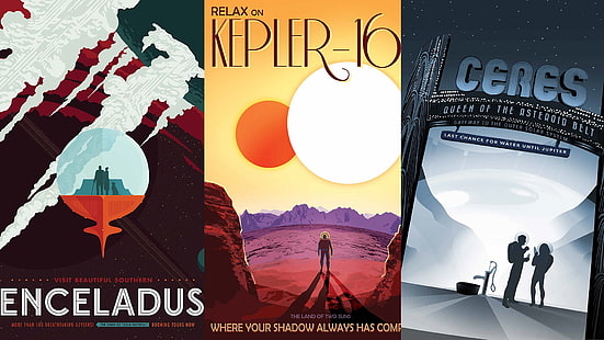 ثلاثة كتب متنوعة ، ملصقات السفر ، الامتداد ، وكالة ناسا، خلفية HD HD wallpaper
