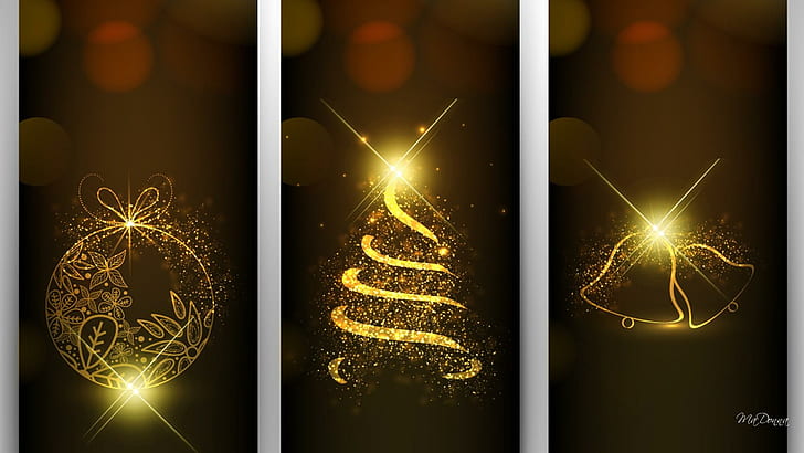Golden Christmas Bright, three christmas illustration, decorations, stars, new years, christmas, bright, tree, feliz navidad, bells, gold, xmas, 3d and abstra, HD wallpaper