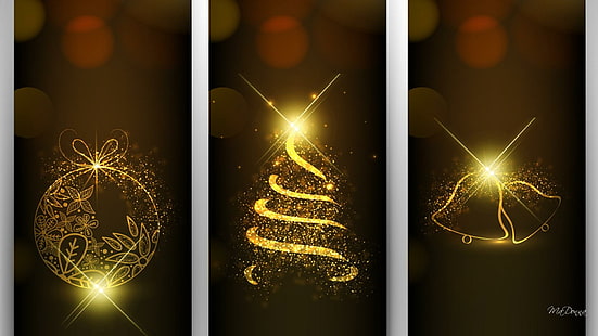 Golden Christmas Bright, three christmas illustration, decorations, stars, new years, christmas, bright, tree, feliz navidad, bells, gold, xmas, 3d and abstra, HD wallpaper HD wallpaper