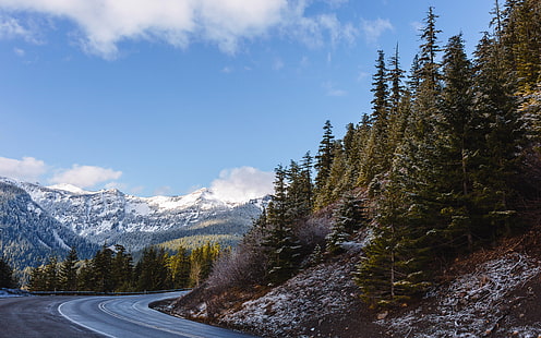 road beside green leaf pine trees under white and blue cloudy sky, Drive, road, green leaf, pine trees, white, cloudy, mountains, landscape, blue sky, trees, nature, scenic, scenery, Canon EOS 5D Mark III, Dual, ISO, Sigma, 35mm, F1.4, DG, HSM, ART, Pacific Northwest, Mt. Rainier National Park, westrock, washington, mountain, forest, outdoors, scenics, tree, travel, HD wallpaper HD wallpaper