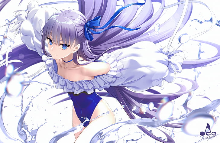 Fate/Grand Order, Meltlilith, anime, blue eyes, purple hair, water, white, ribbons, long hair, HD wallpaper