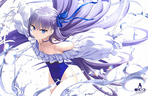 Fate / Grand Order, Meltlilith, аниме, голубые глаза, лиловые волосы, вода, белые, ленточки, длинные волосы, HD обои HD wallpaper