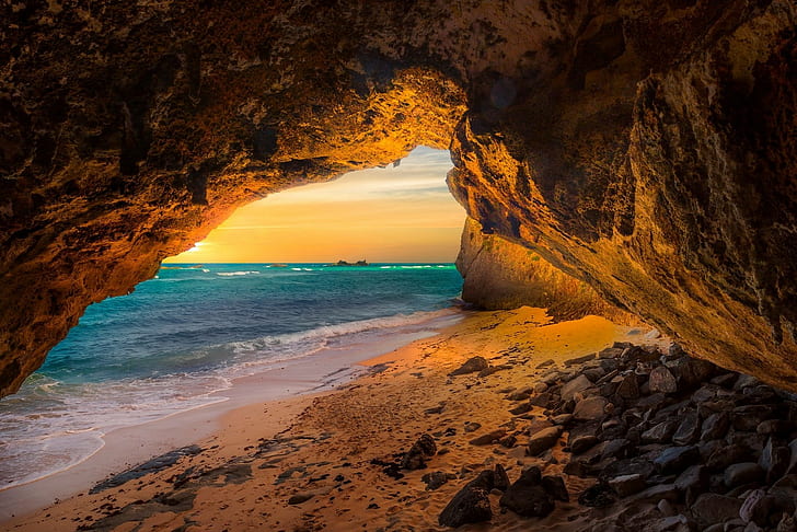 pantai, gua, pulau, lanskap, alam, batu, pasir, laut, sinar matahari, matahari terbenam, Turks dan Caicos, Wallpaper HD
