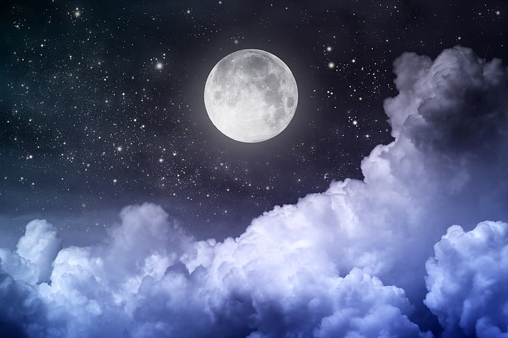 luna llena, el cielo, estrellas, nubes, paisaje, noche, la luna, luna, luz de la luna, cielo, medianoche, luna llena, bella escena, Fondo de pantalla HD