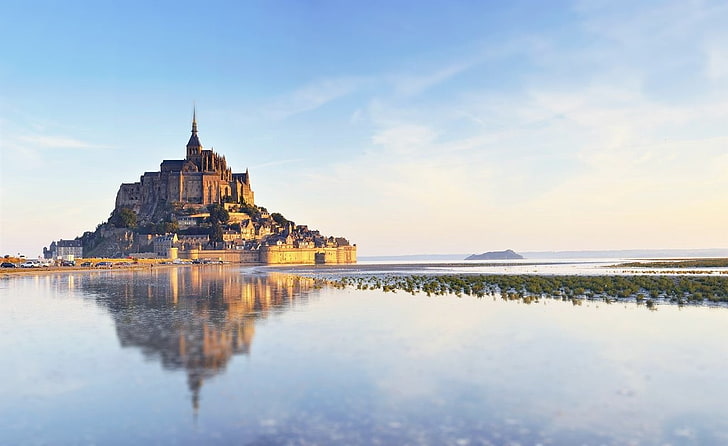 Reflexión, Mont Saint-Michel, Abadía, isla, paisaje, paisaje urbano, Fondo de pantalla HD