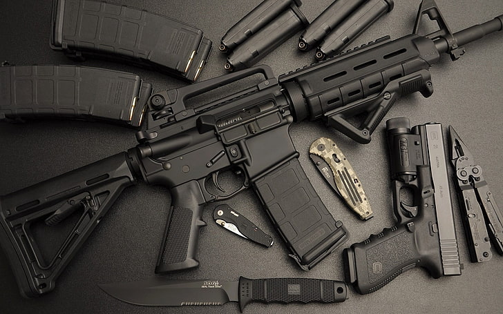 Черная штурмовая винтовка, пистолет, нож, автомат, штурмовая винтовка, Ar-15, HD обои