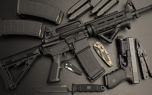 rifle de asalto negro, pistola, cuchillo, máquina, rifle de asalto, Ar-15, Fondo de pantalla HD HD wallpaper