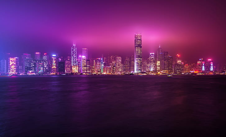 градска сграда през нощта, Хонг Конг, Хонг Конг, Хонконг, градска сграда, през нощта, Цим ​​Ша Цуй, градски пейзаж, градски Skyline, небостъргач, архитектура, Азия, нощ, море, Китай - Източна Азия, градска сцена, център на града, град , известно място, бизнес, кула, сграда Екстериор, построена Структура, HD тапет