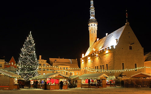 ışıklar, ağaç, ev, Noel, Estonya, Tallinn, Pazar, Dükkan, Belediye, HD masaüstü duvar kağıdı HD wallpaper