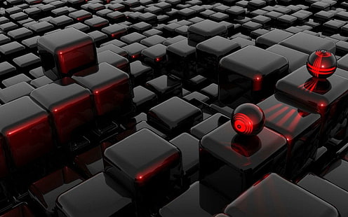 black and red cube and circle digital wallpaper, Abstract, 3D, CGI, Dark, Digital Art, HD wallpaper HD wallpaper