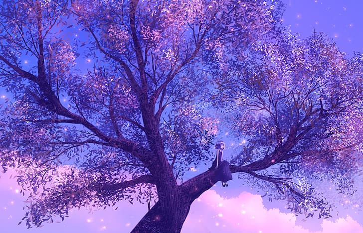 purple background, anime girls, HD wallpaper