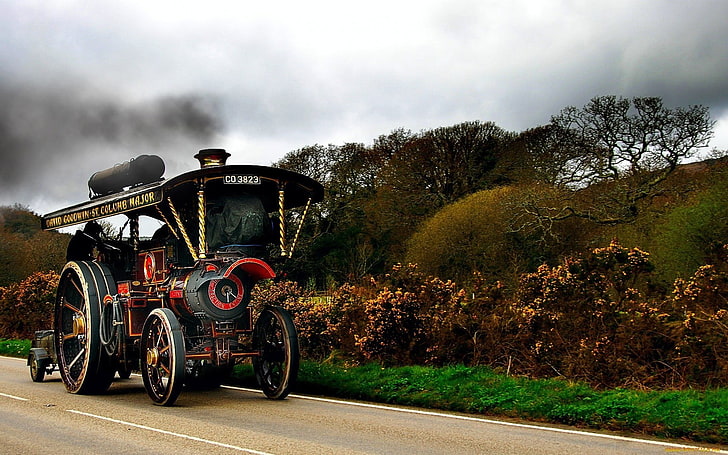 kereta asap hitam dan merah, vintage, jalan, lokomotif uap, kendaraan, Wallpaper HD
