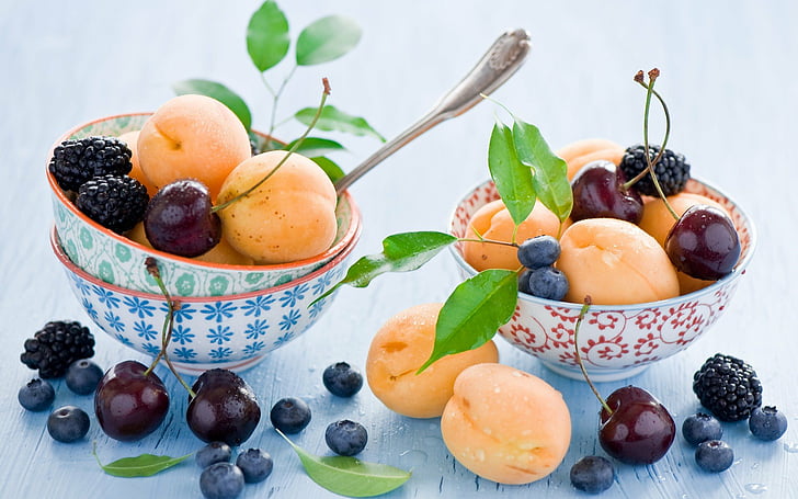 background, berries, blackberries, blueberries, cherries, desserts, fruits, peaches, white, HD wallpaper