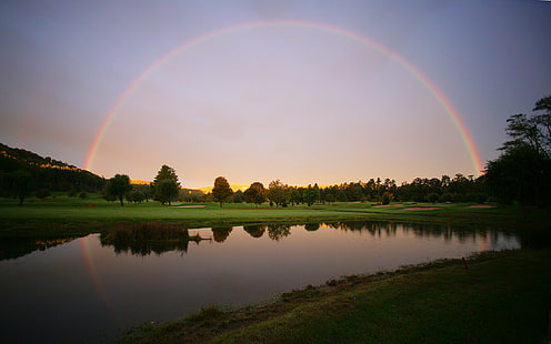 river, rainbows, landscape, golf course, HD wallpaper HD wallpaper