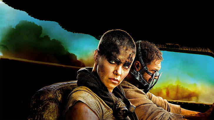 Tom Hardy, Charlize Theron, mask, Mad Max: Fury Road, movies, green eyes, brunette, Mad Max, HD wallpaper