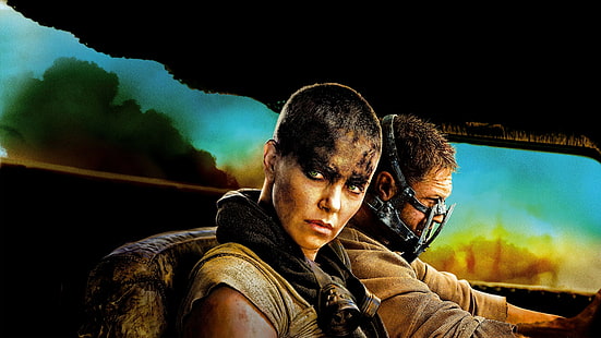 Tom Hardy, Charlize Theron, mask, Mad Max: Fury Road, movies, green eyes, brunette, Mad Max, HD wallpaper HD wallpaper