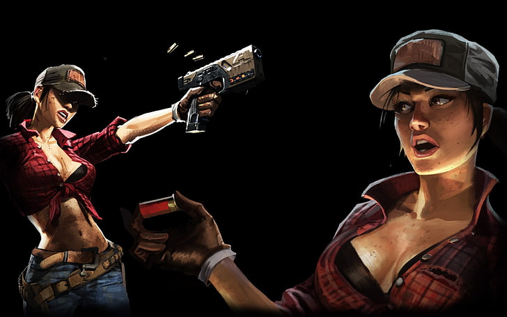 赤いシャツと銃の壁紙、デジタルアート、ファンタジーの武器を着ている女性、 HDデスクトップの壁紙