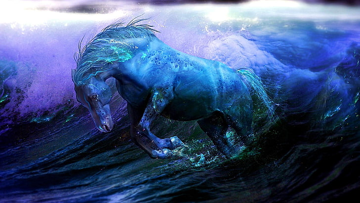 painting, magic, mythology, special effects, darkness, water, art, artistic, artwork, horse, painting art, amazing, dreamy, nature, fantasy art, wave, sea, HD wallpaper