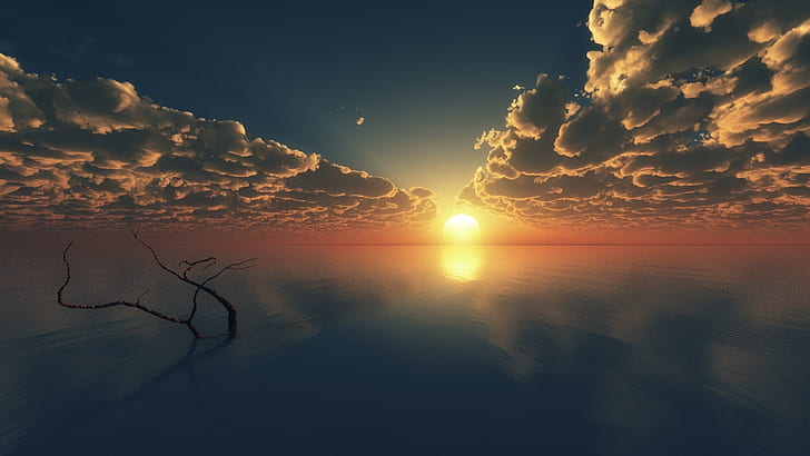 matahari terbenam, awan, samudra, santai, Pemandangan, Wallpaper HD