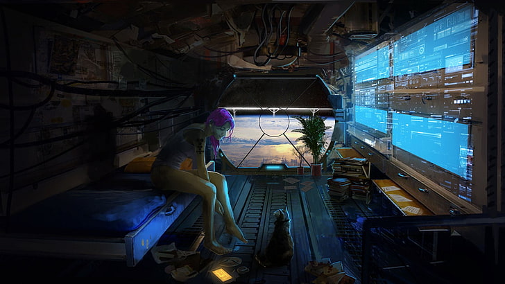 purple haired female game character, science fiction, artwork, fantasy art, purple hair, cat, interior, plants, bed, barefoot, futuristic, HD wallpaper